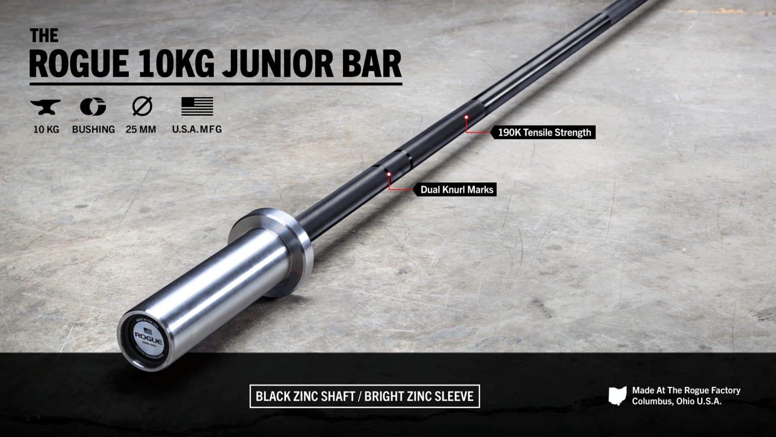 Rogue 10KG Junior Bar 25MM Barbell Weight Training Rogue